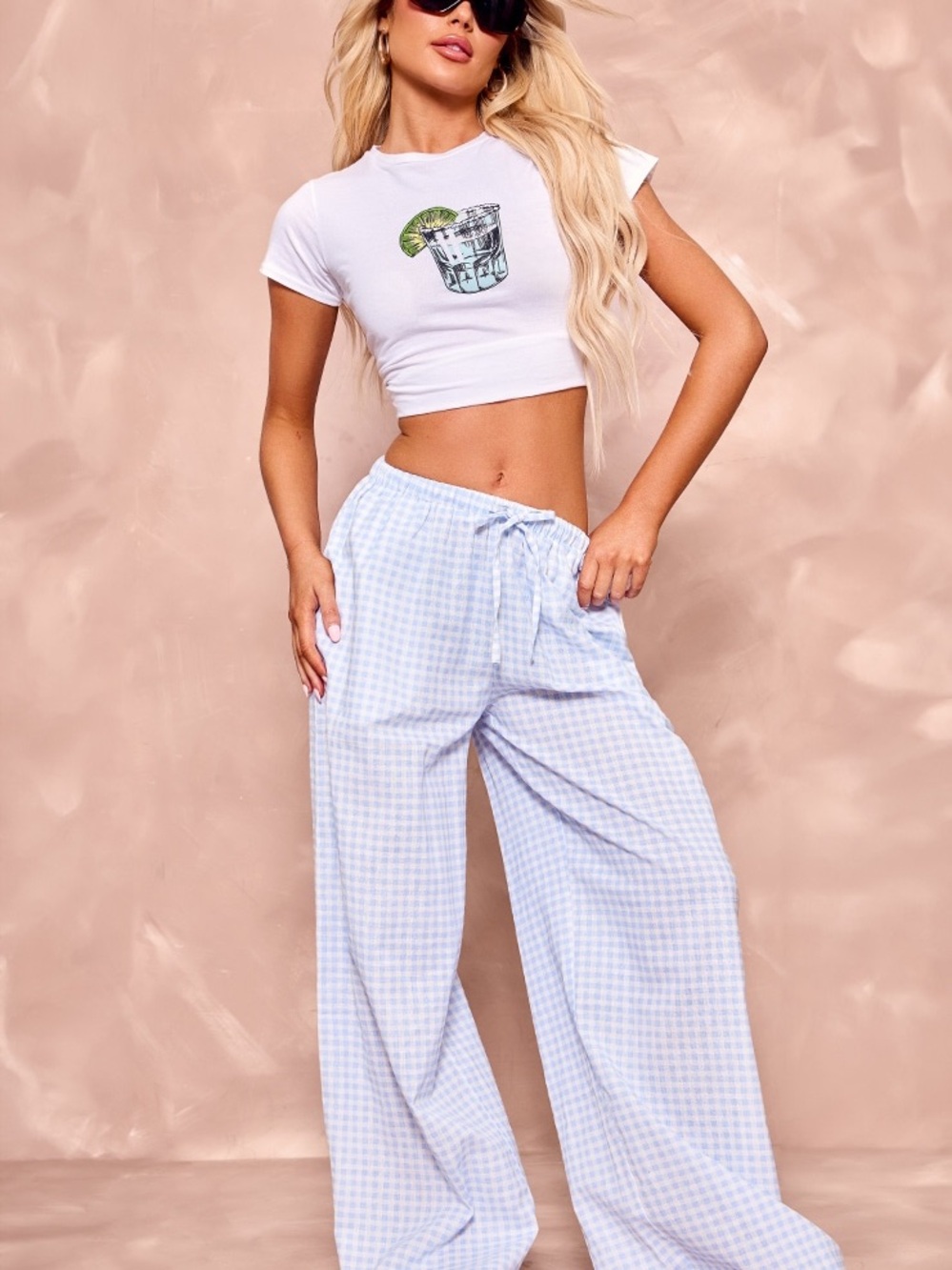 PrettyLittleThing Light Blue Gingham Wide Leg Pants